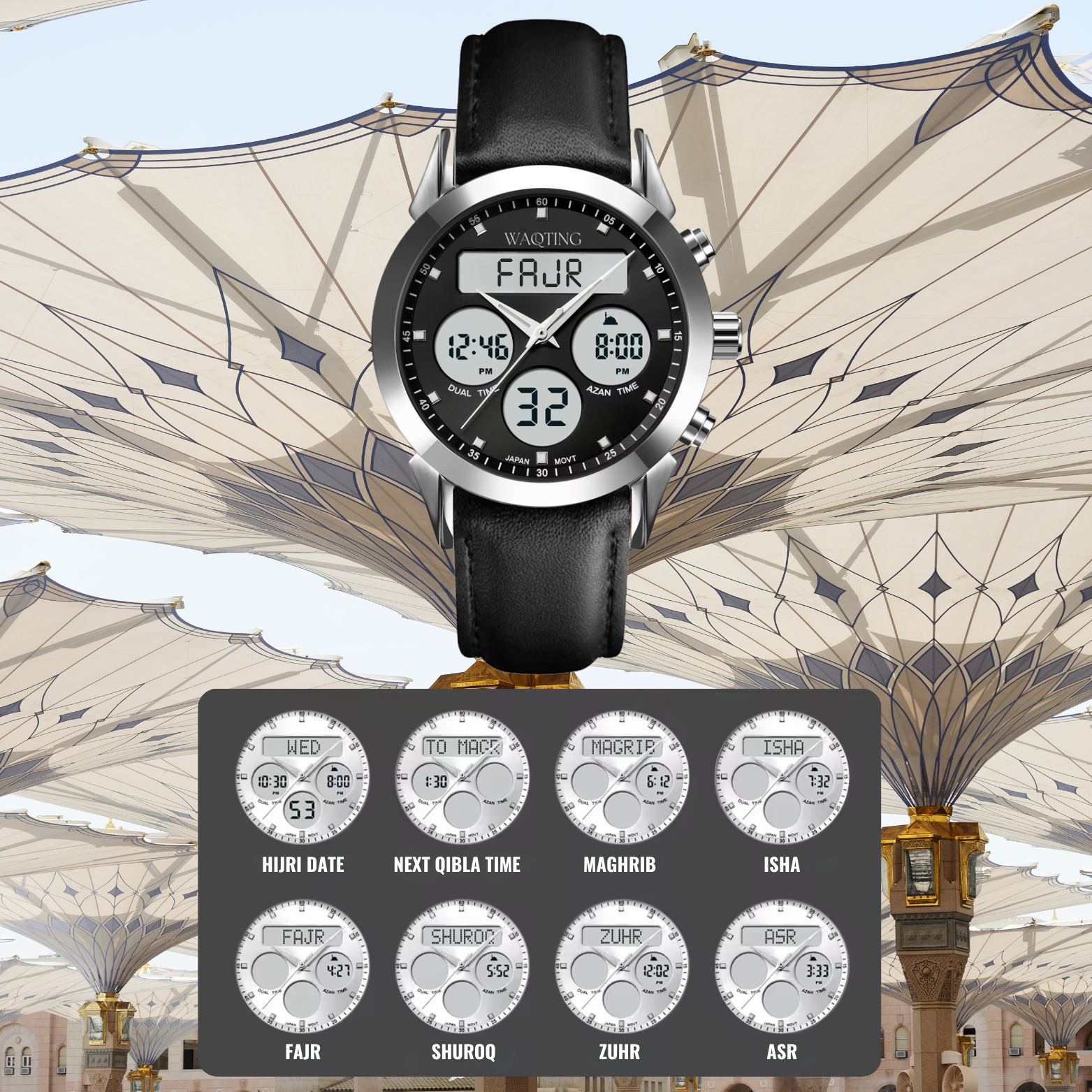 Digital watch with black leather strap and time display, featuring prayer times on a background of masjid nabawi