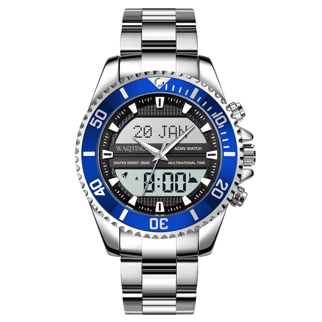Silver and blue watch with digital display on a white background