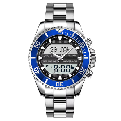 Silver and blue watch with digital display on a white background