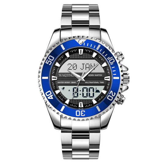 Silver and blue watch with digital display on a white background