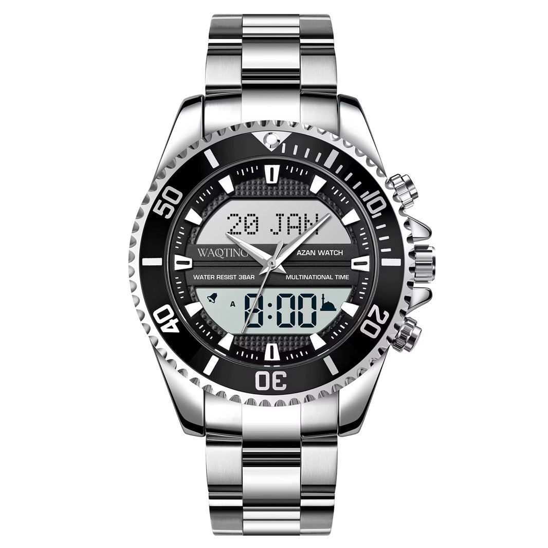 Silver wristwatch with digital and analog display on a white background