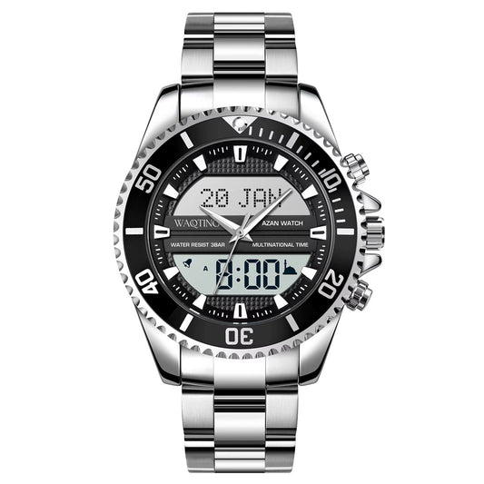 Silver wristwatch with digital and analog display on a white background