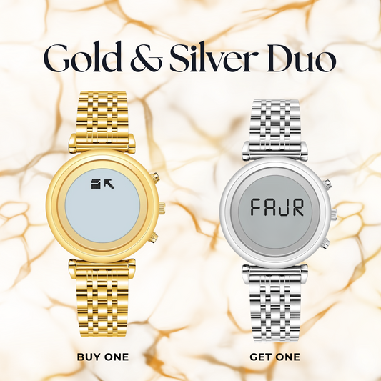 Two smartwatches, one gold and one silver, on a textured beige background with 'Gold & Silver Duo' text.