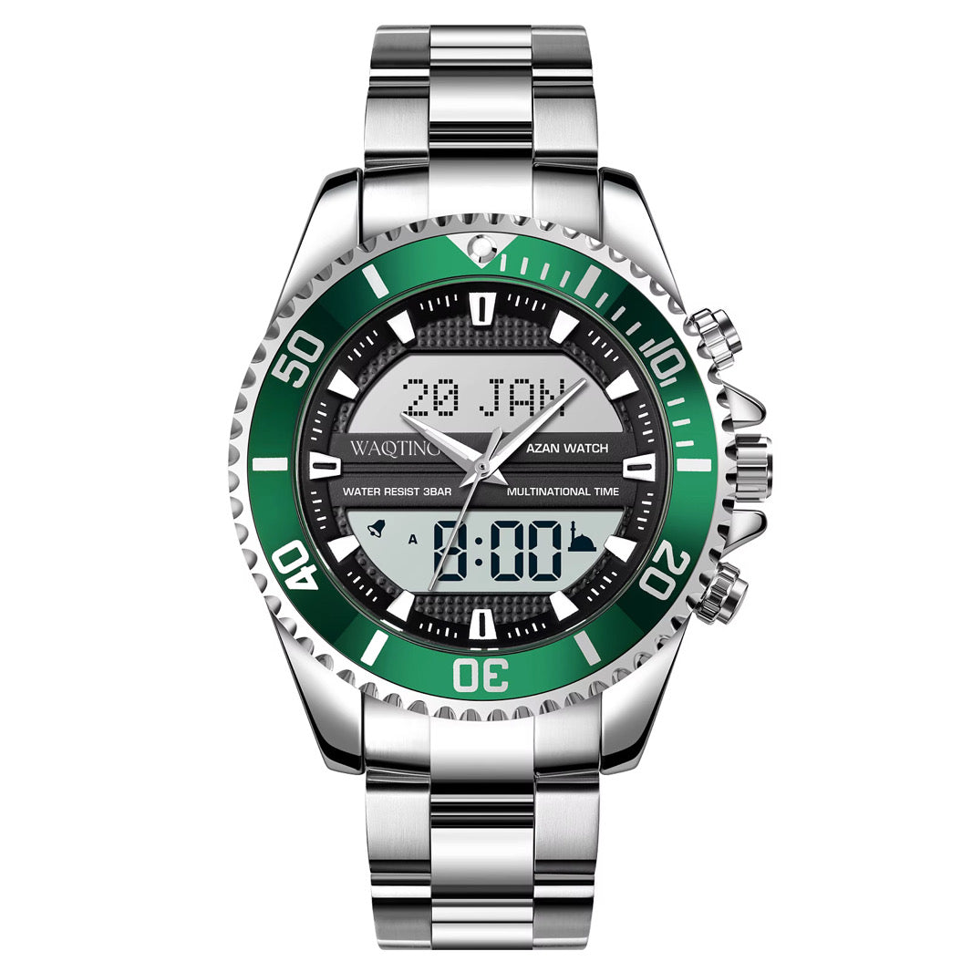 Green and silver watch with digital display on a white background
