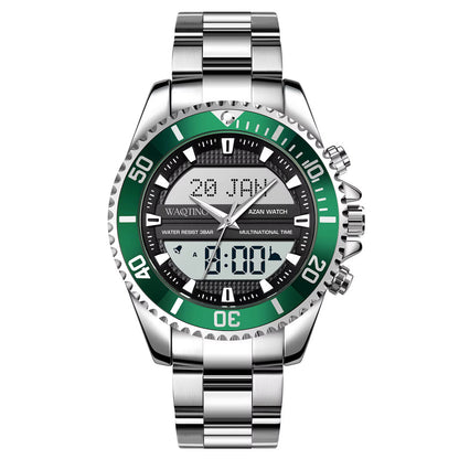 Green and silver watch with digital display on a white background