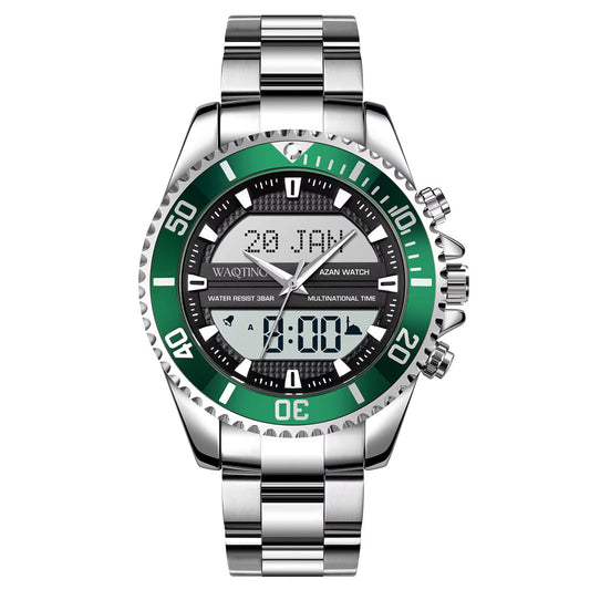 Green and silver watch with digital display on a white background