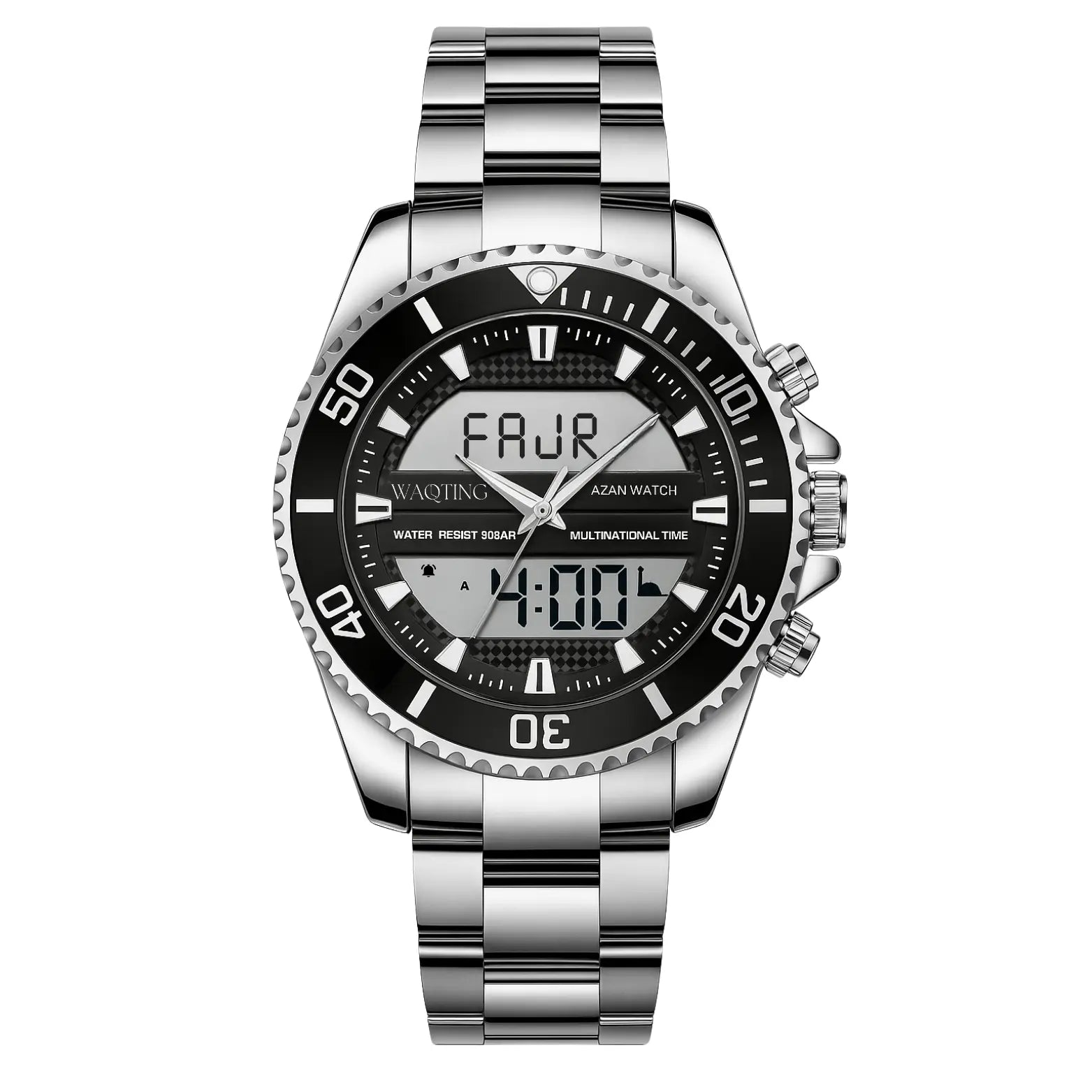 Silver wristwatch with black dial on a white background