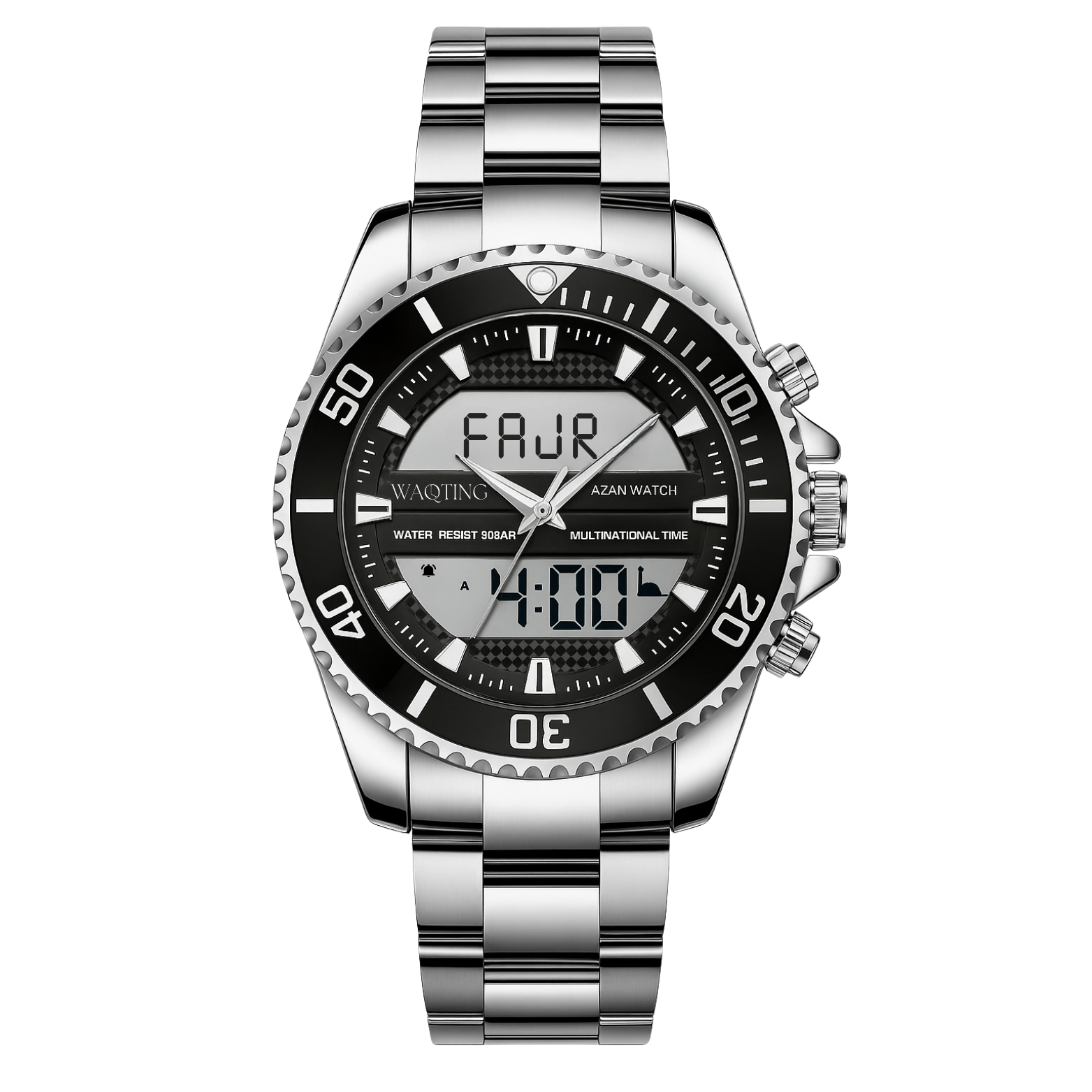 Silver wristwatch with black dial on a white background