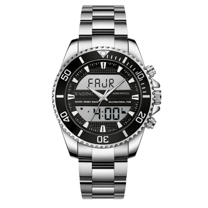 Silver wristwatch with black dial on a white background