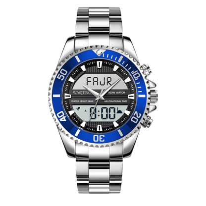 Silver and blue watch with digital display on a white background