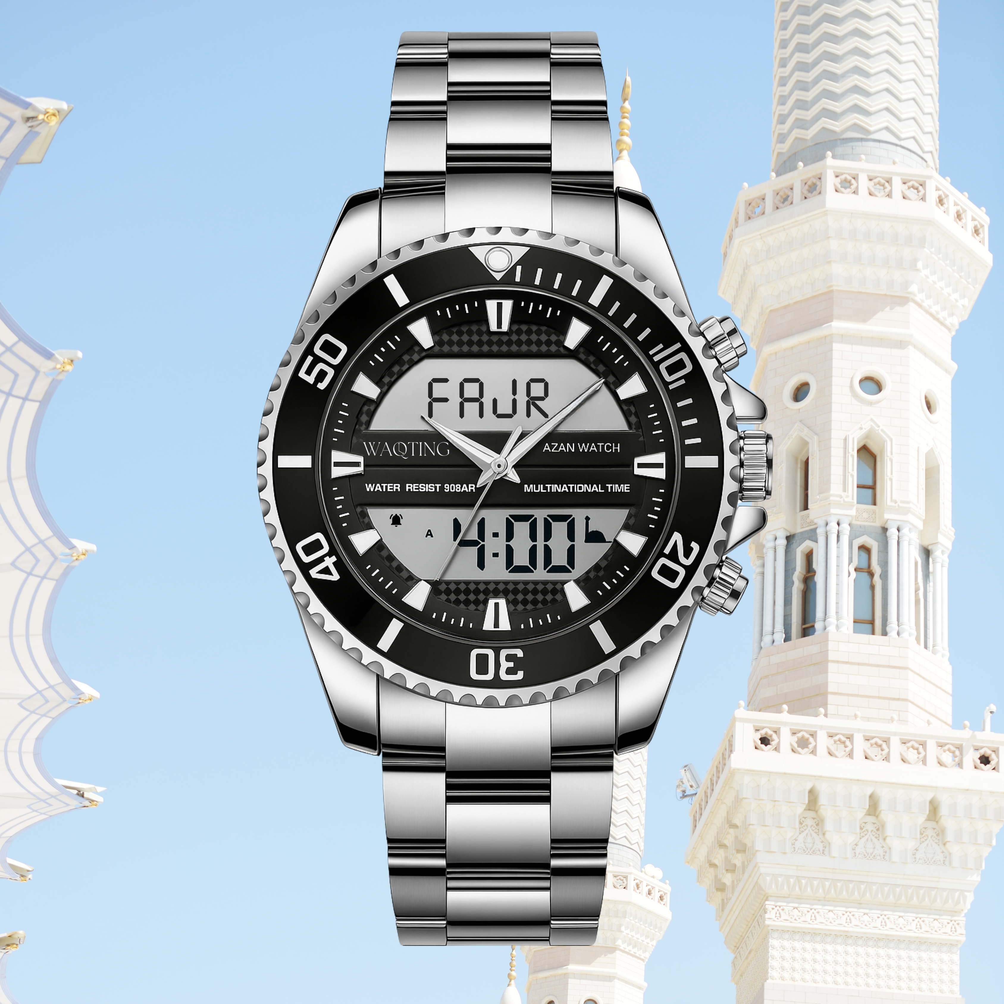 Silver wristwatch with digital display against a blue sky background