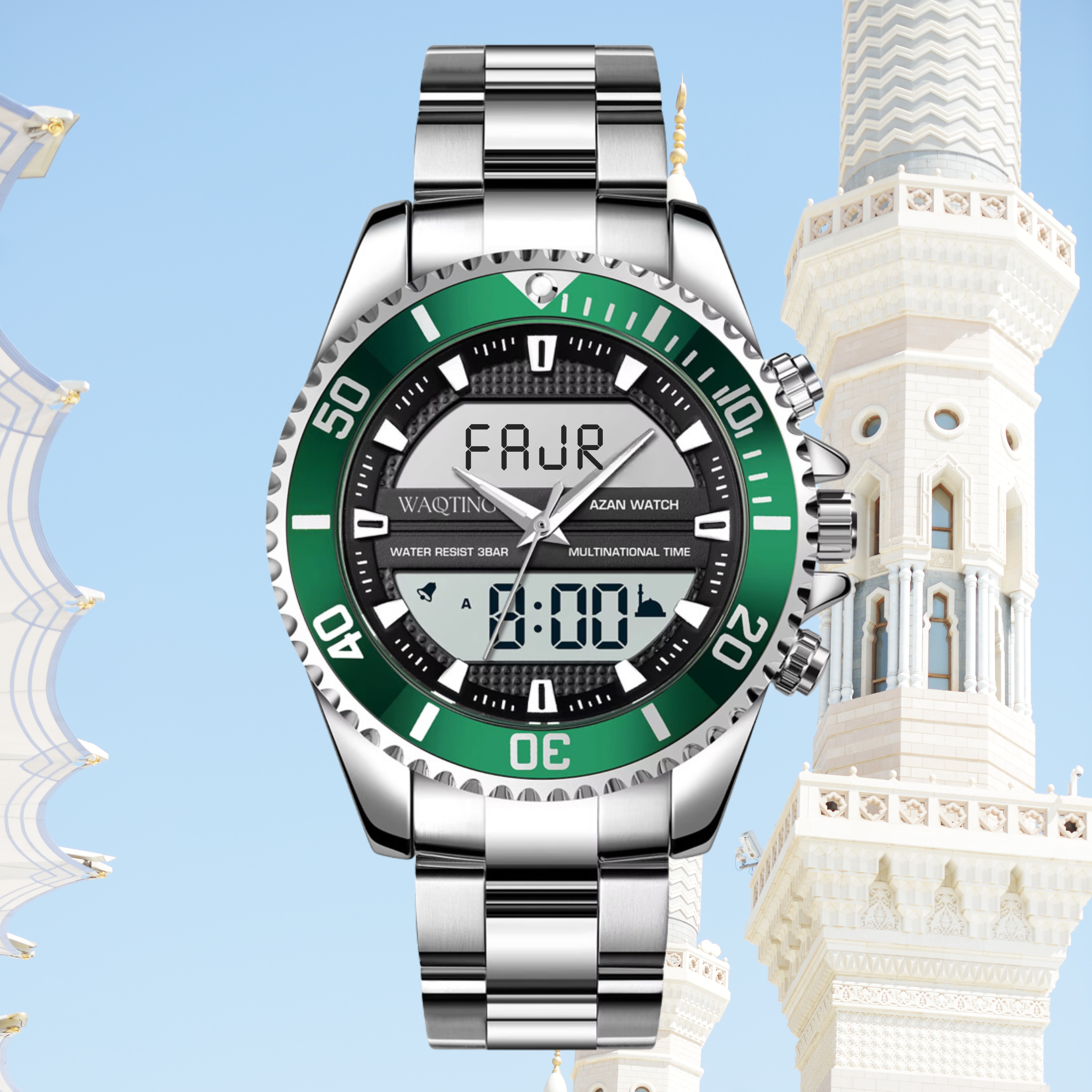 Silver and green watch with digital display against a blue background