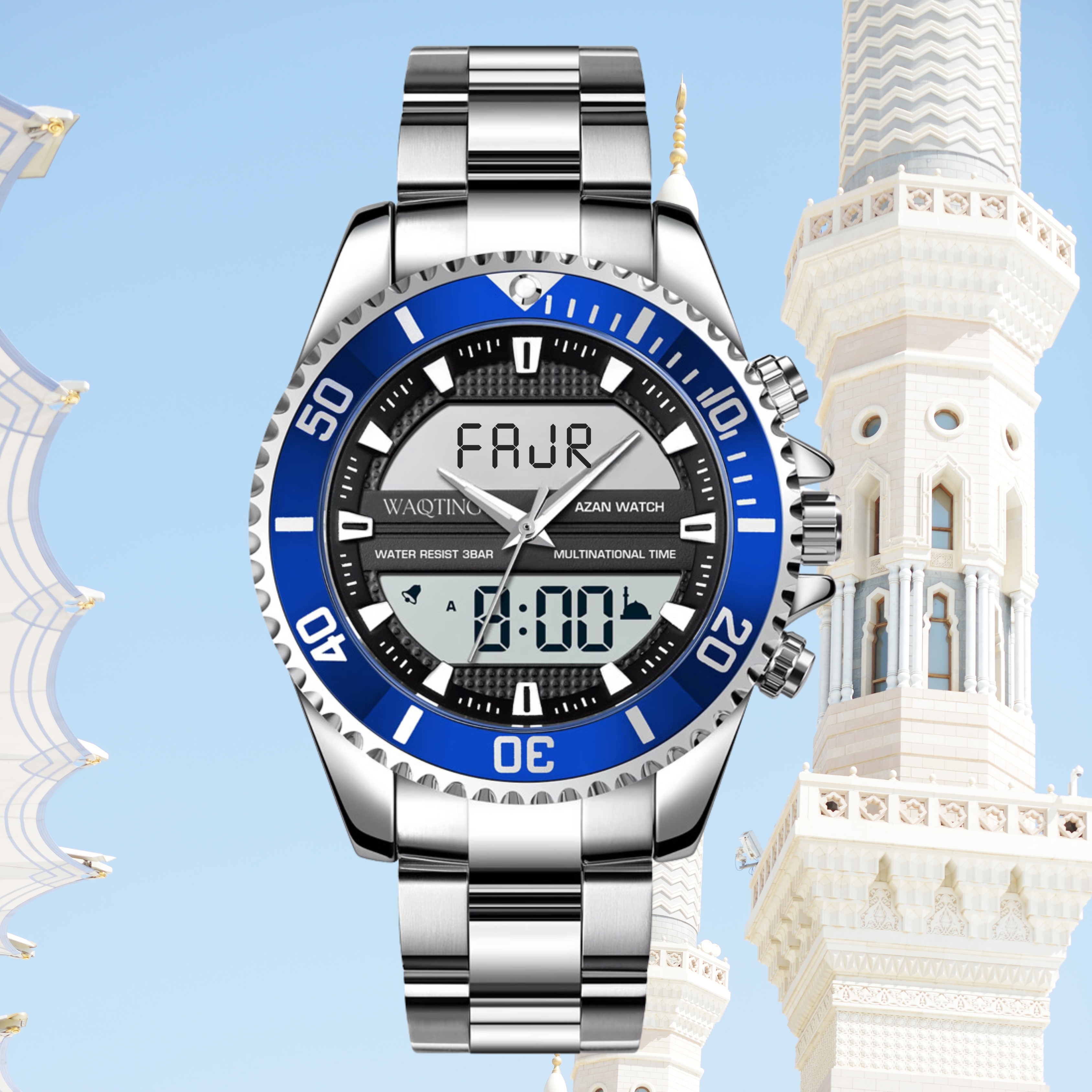 Silver and blue watch with digital display against a light blue background