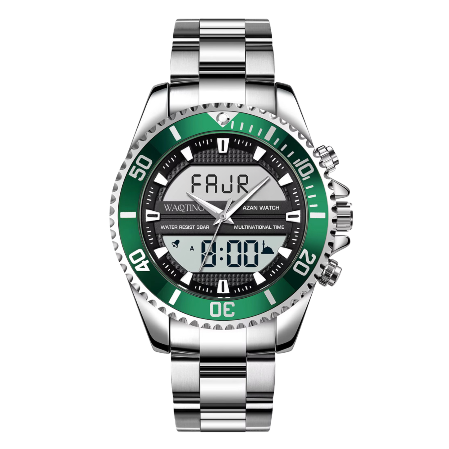 Wristwatch with green dial and silver metal strap on a white background