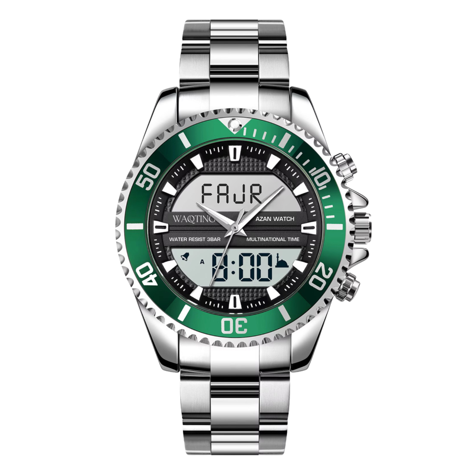 Wristwatch with green dial and silver metal strap on a white background
