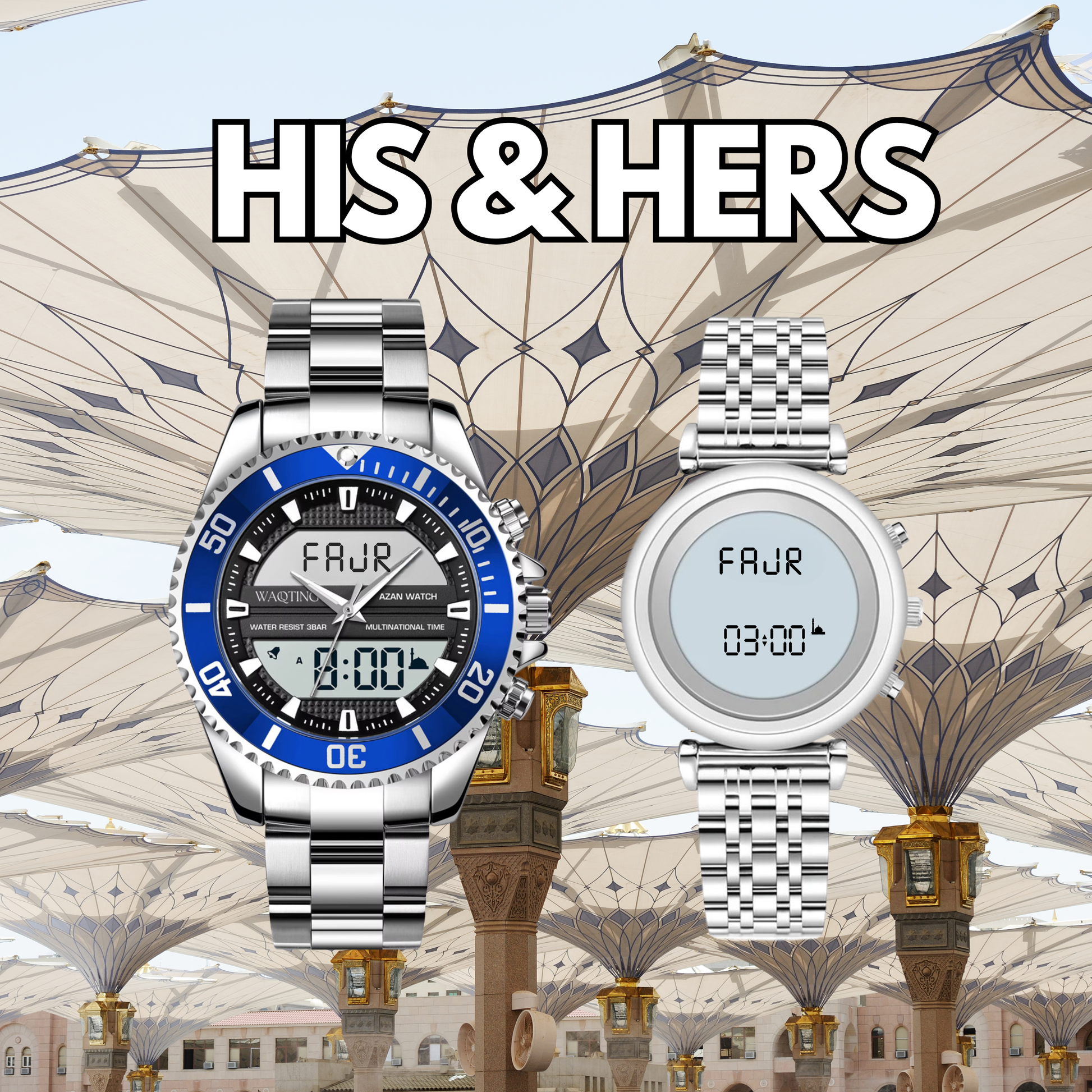 Two watches, one with a blue face and silver band, the other with a digital display, against a decorative background.