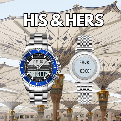 Two watches, one with a blue face and silver band, the other with a digital display, against a decorative background.