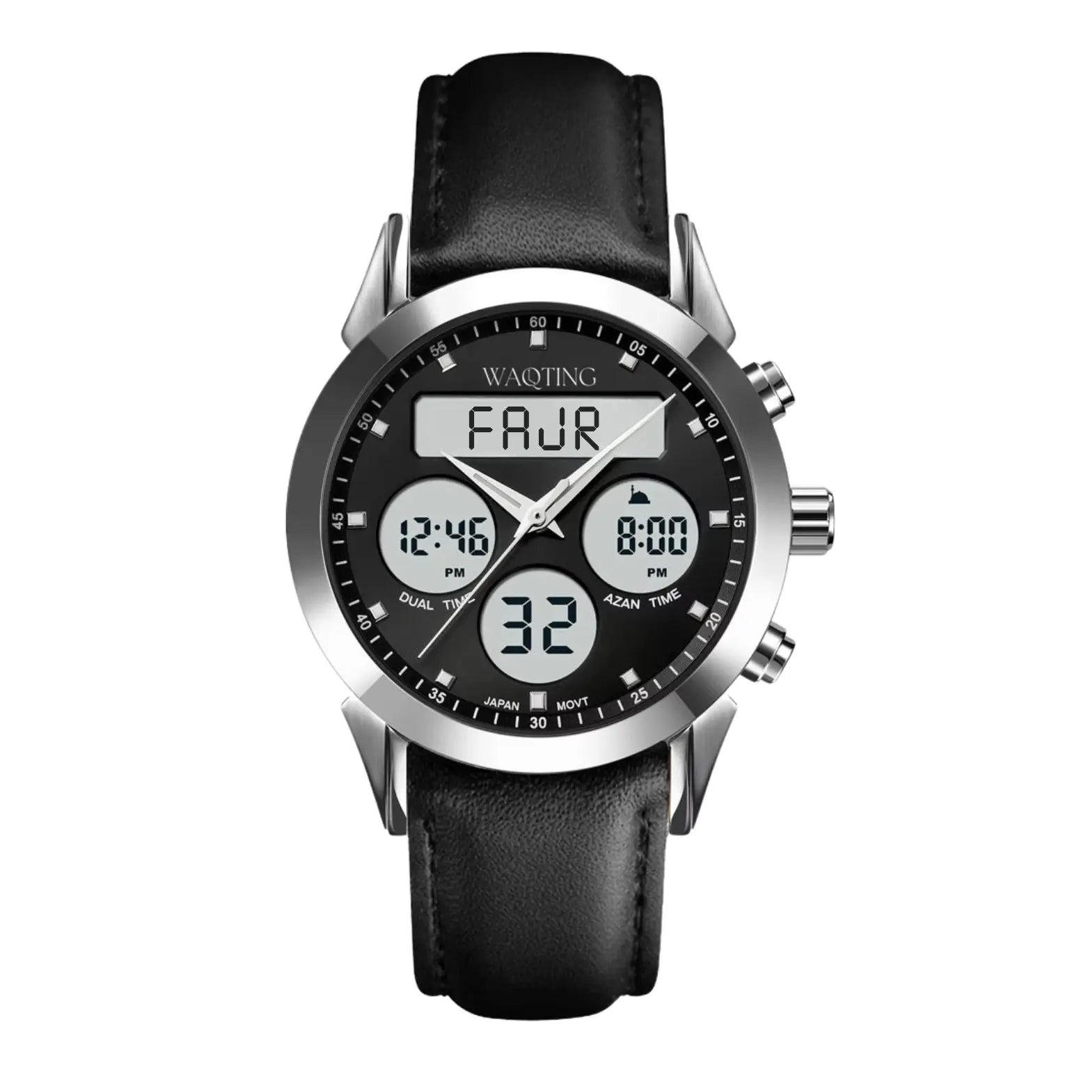 Black wristwatch with digital display on a white background