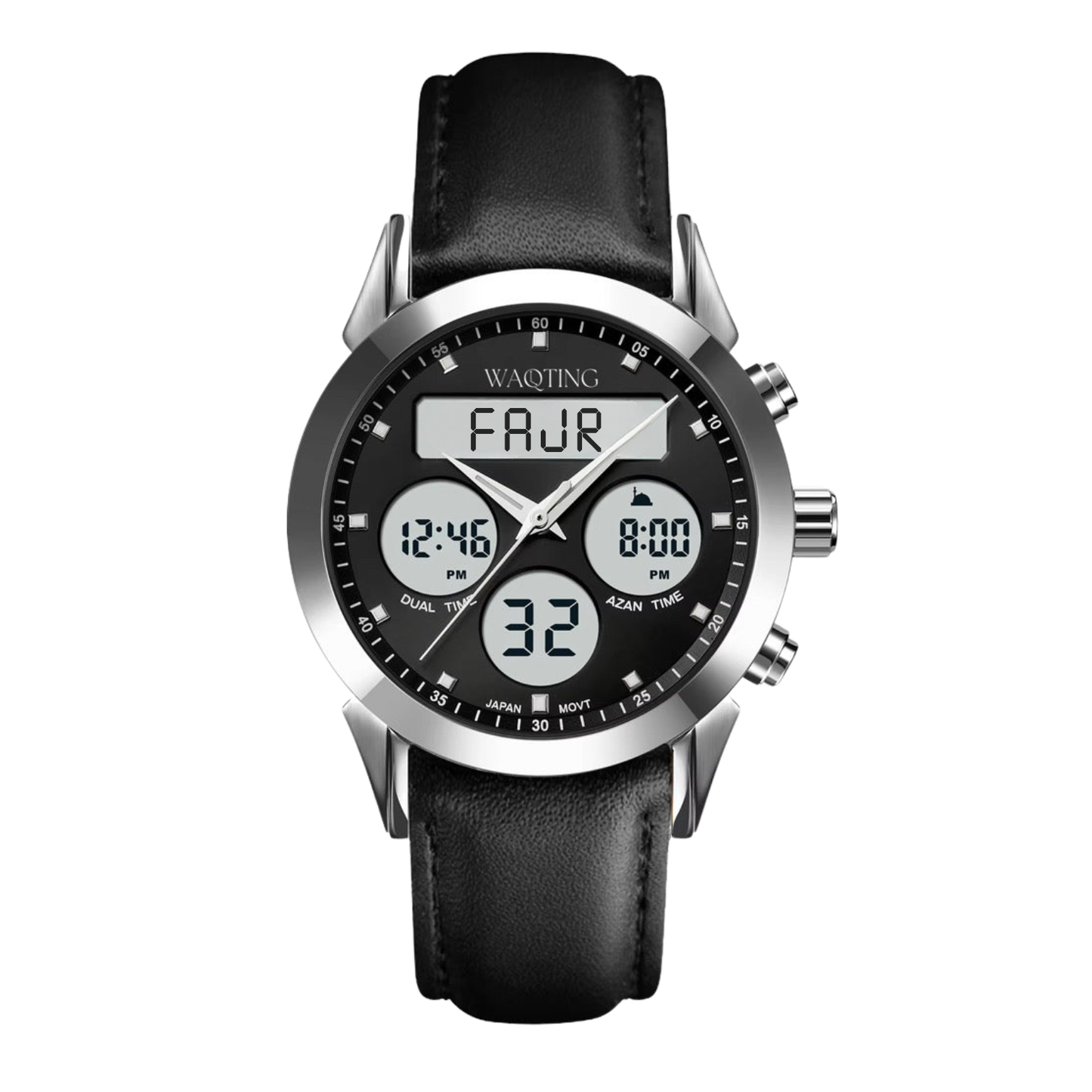 Black wristwatch with digital display on a white background
