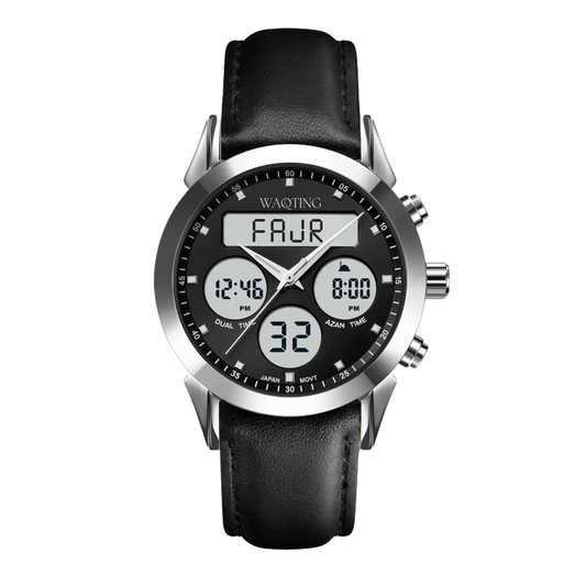 Black wristwatch with digital display on a white background