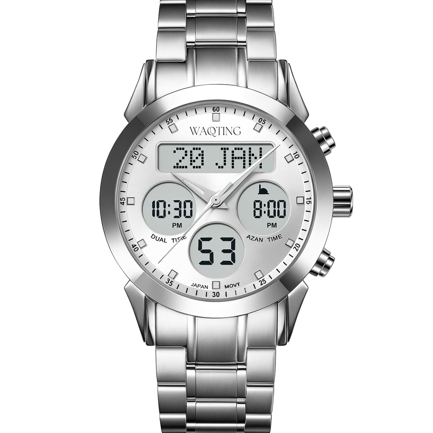 Silver digital watch with multiple time zones on a white background