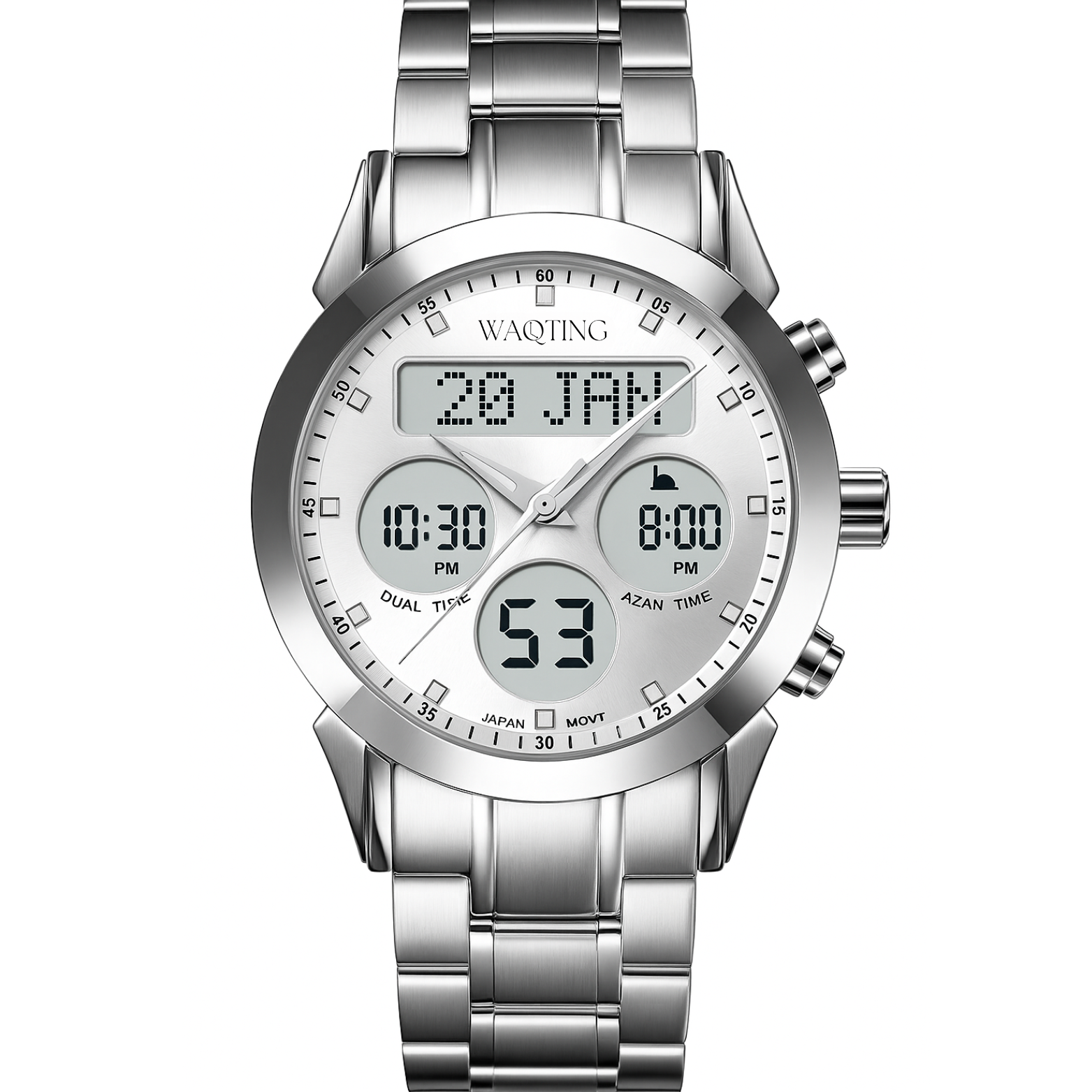 Silver digital watch with multiple time zones on a white background