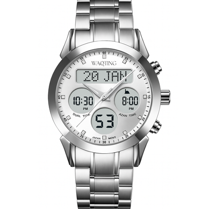Silver digital watch with multiple time zones on a white background