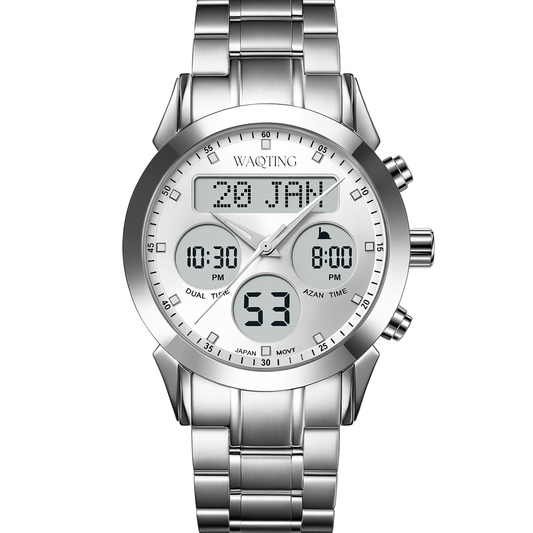 Silver digital watch with multiple time zones on a white background
