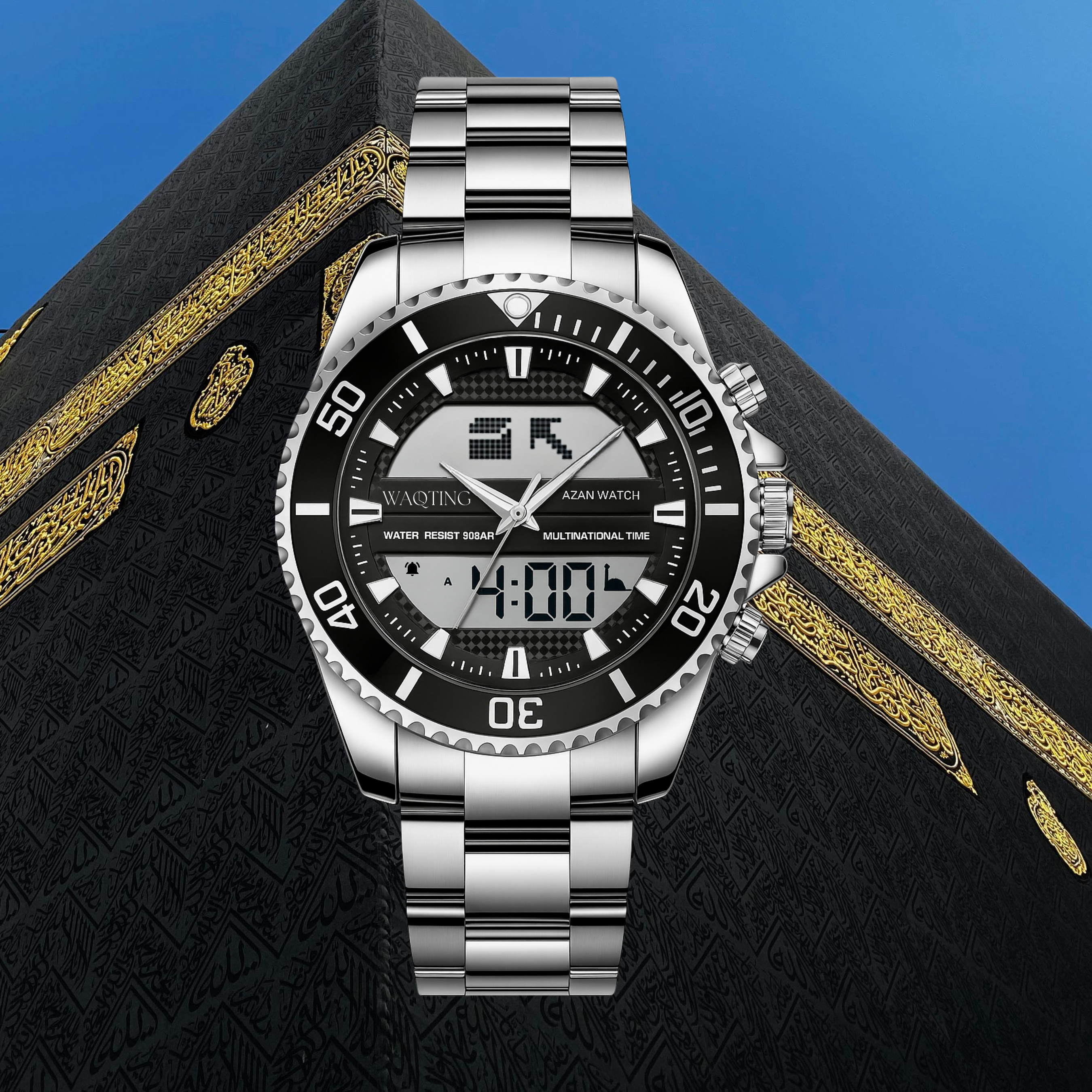 Silver wristwatch with black dial on a decorative black and gold box against a blue background