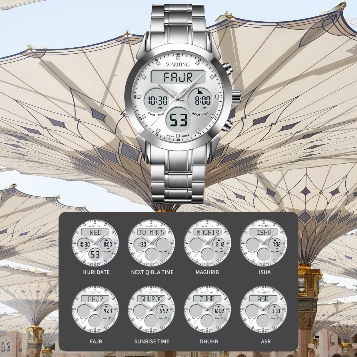 Silver digital watch with time display against a background of architectural elements