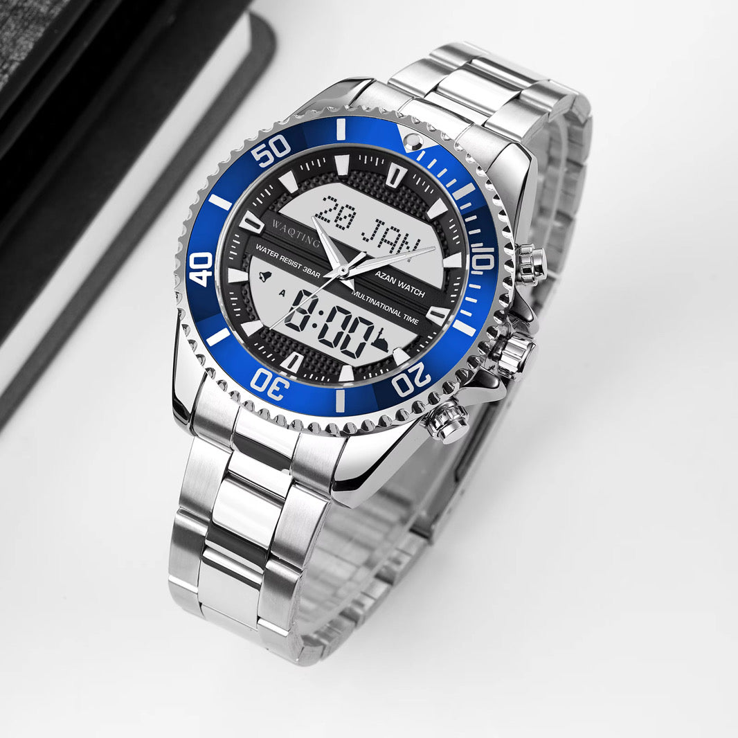 Silver and blue wristwatch with digital display on a white background