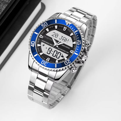 Silver and blue wristwatch with digital display on a white background