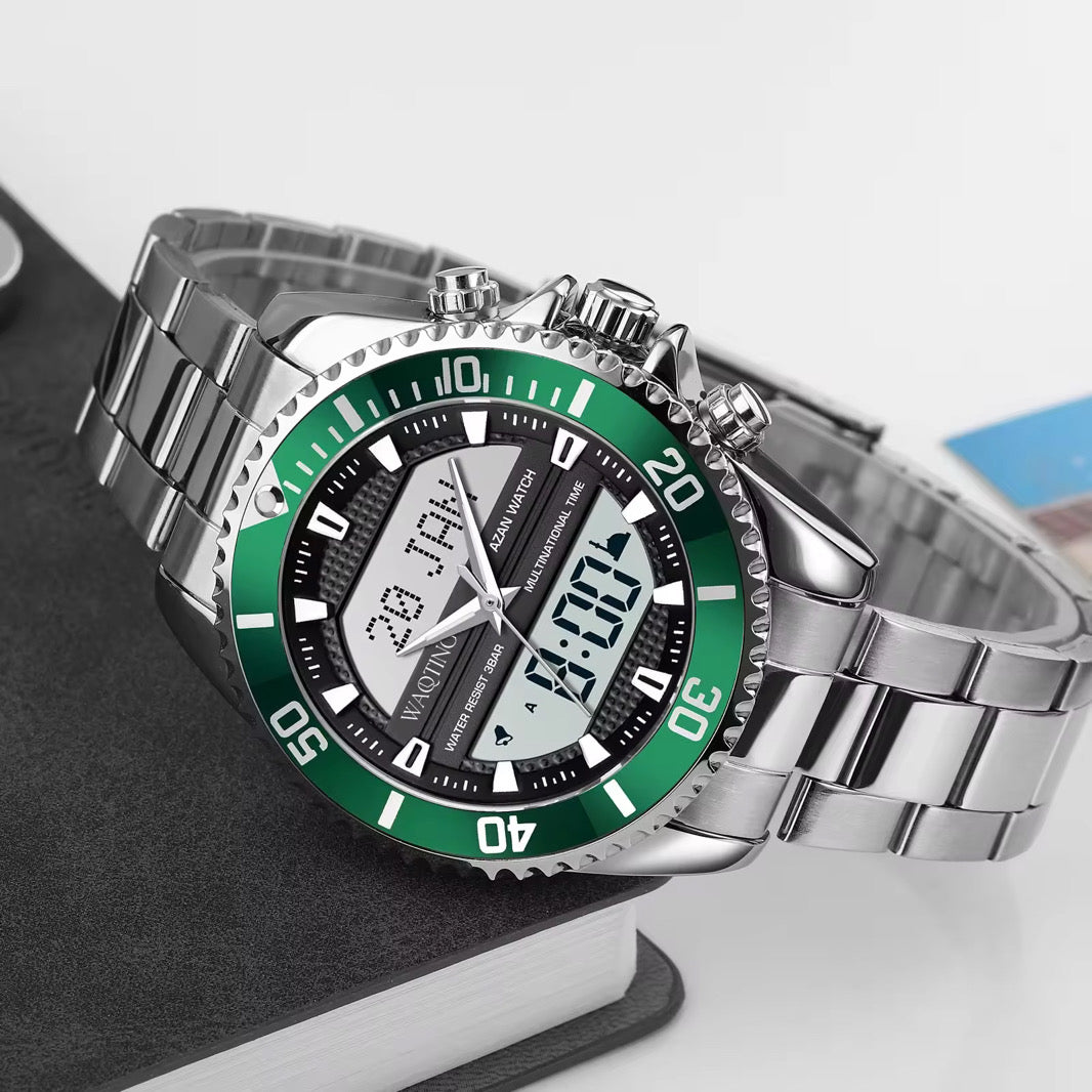 Wristwatch with green and silver design on a stand