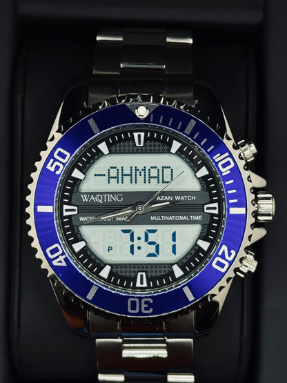 Digital watch with blue and silver design on a black background