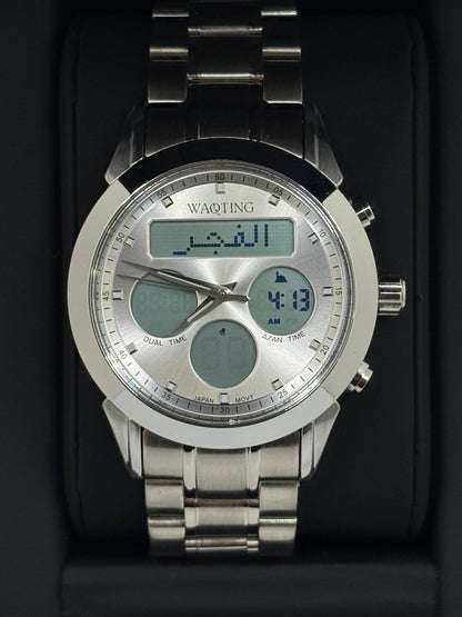 Silver digital watch with a dark background