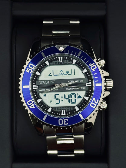 Wristwatch with digital display and blue and silver design on a black background