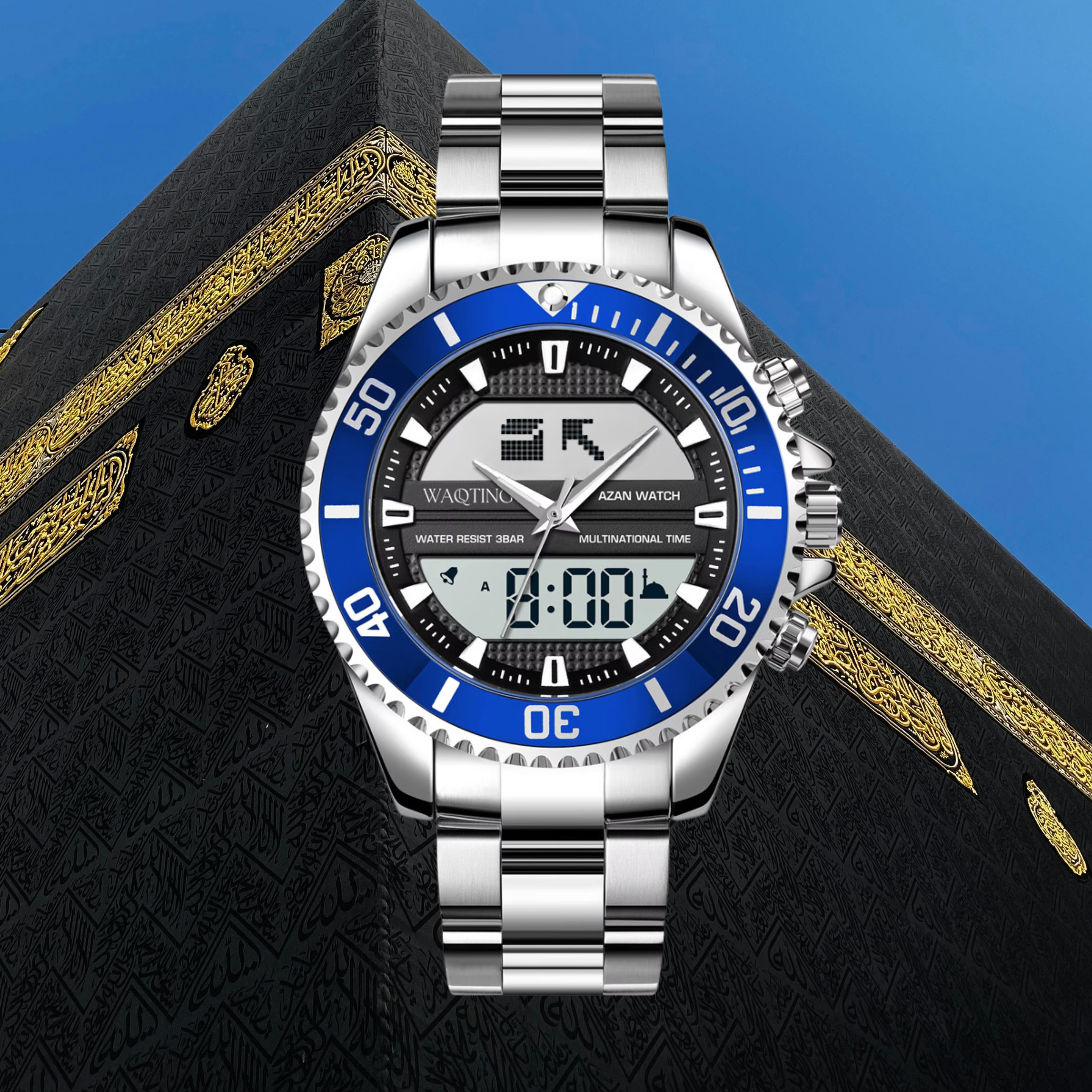 Silver and blue watch on a black and gold ornate background