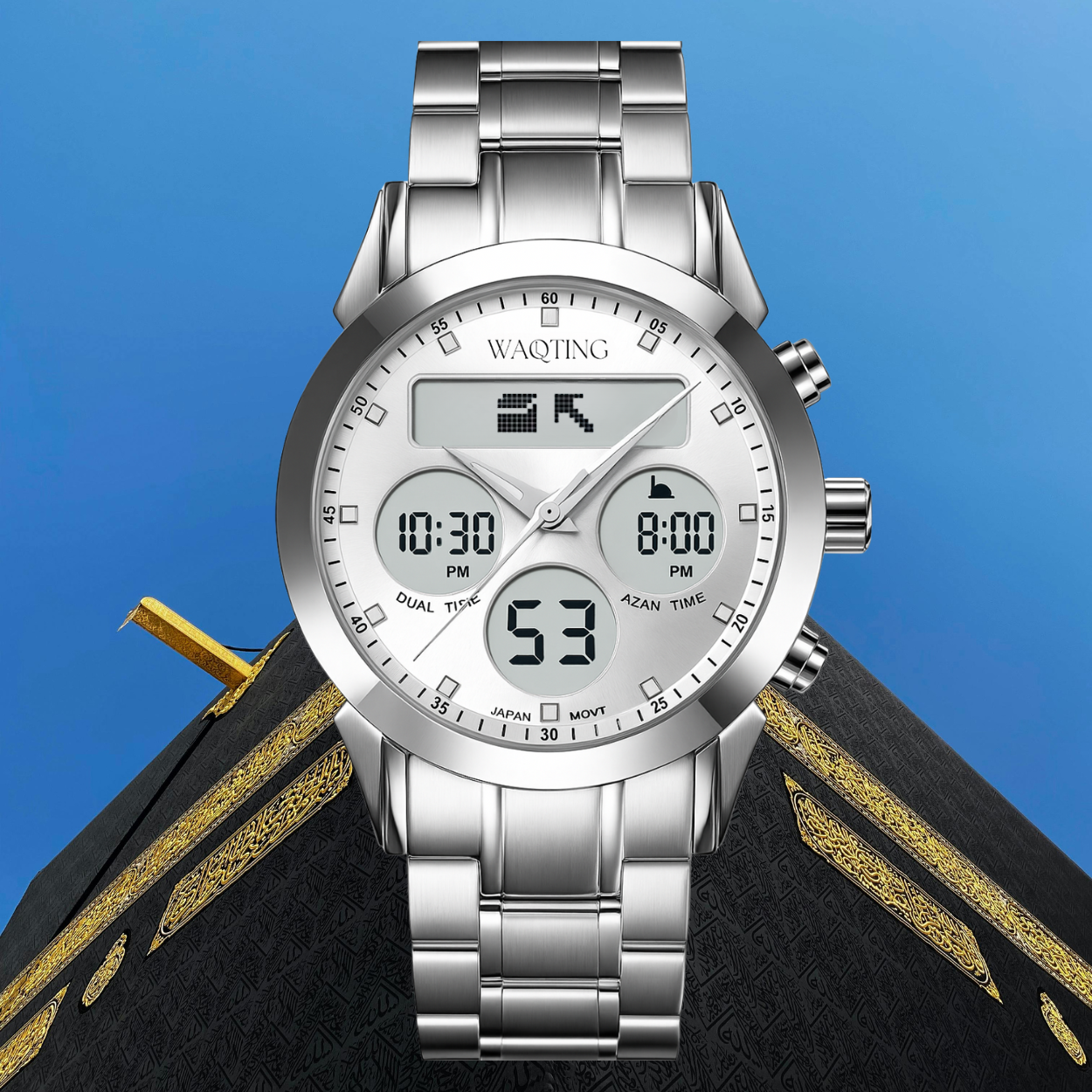 Silver wristwatch with digital display on a blue background