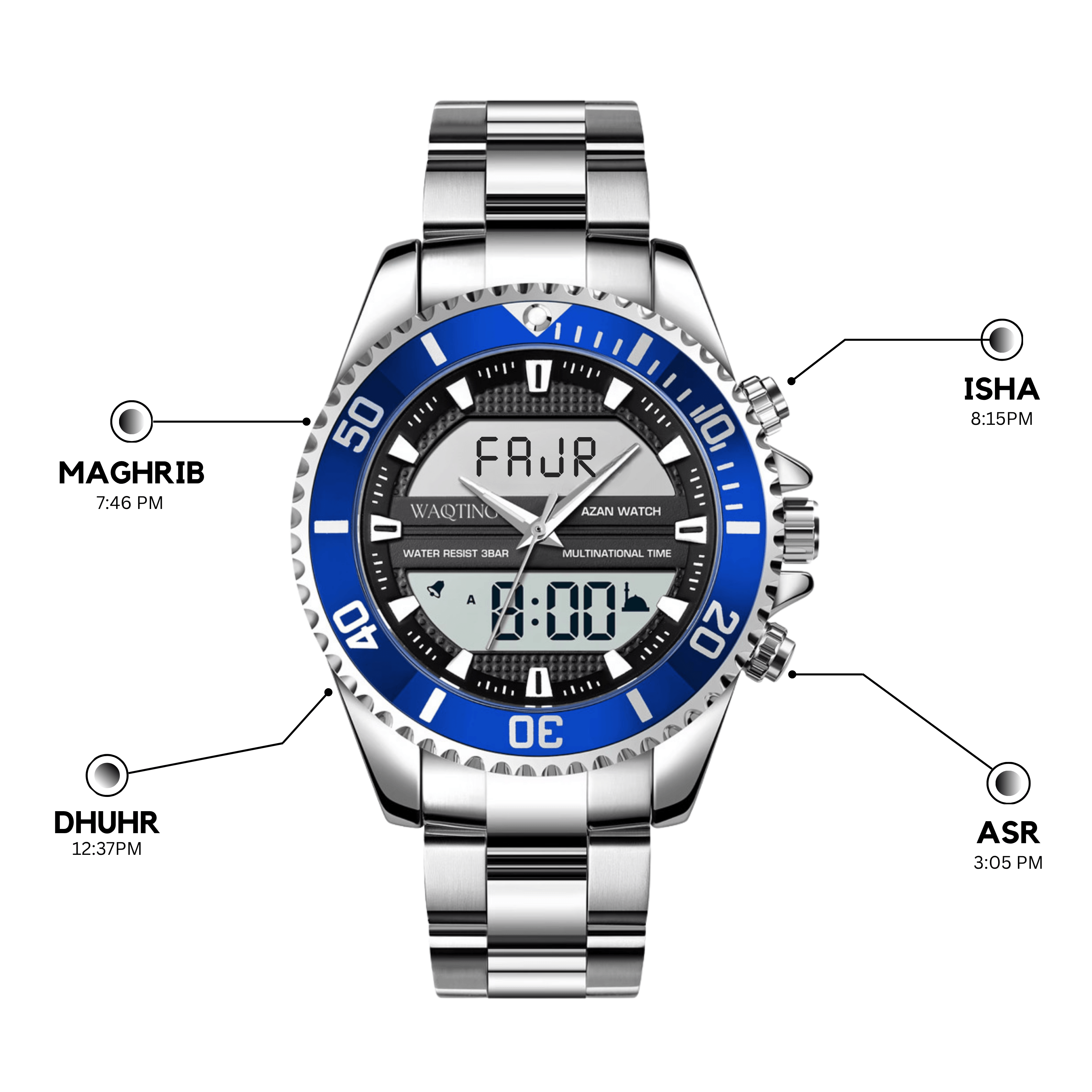 Azure Black Prayer Watch | Distraction-Free Salah Support | Waqting