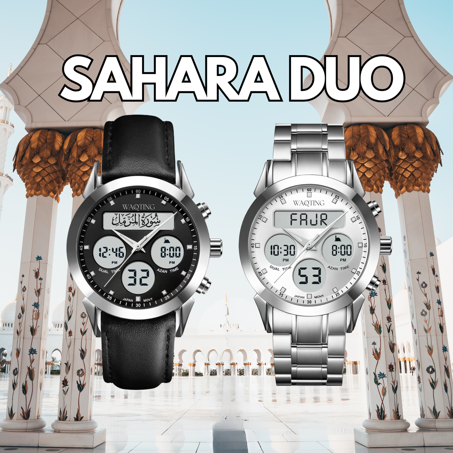 Two watches, one black and one silver, with 'SAHARA DUO' text above them against a decorative background.