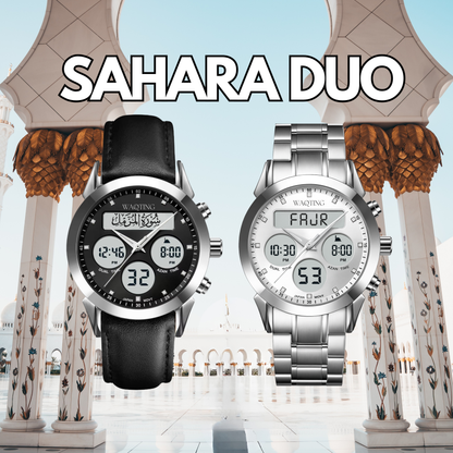 Two watches, one black and one silver, with 'SAHARA DUO' text above them against a decorative background.