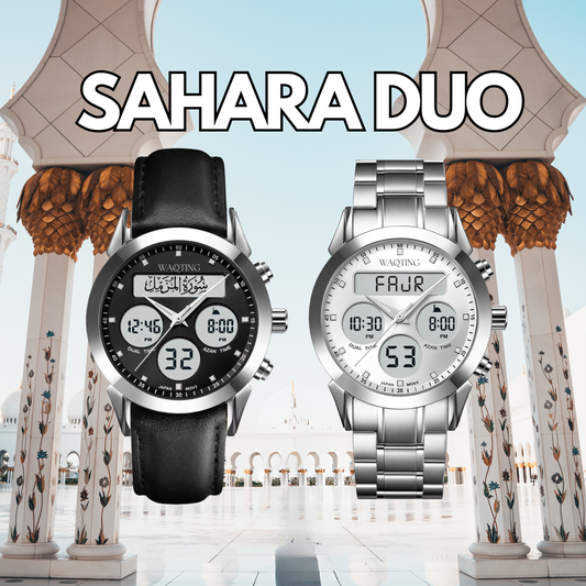 Two watches, one black and one silver, with 'SAHARA DUO' text above them against a decorative background.