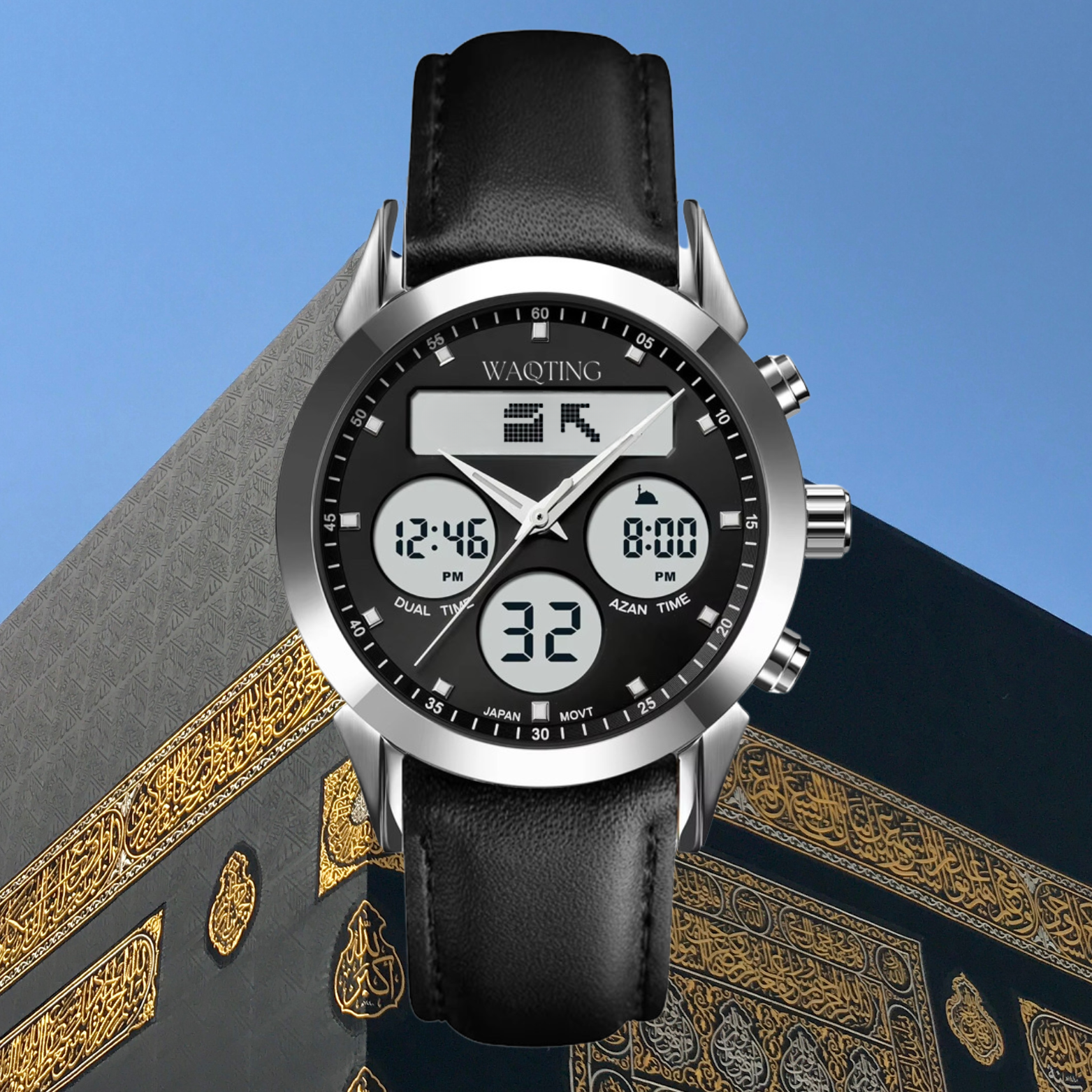 Wristwatch with black leather strap and digital display on a mecca kaaba background