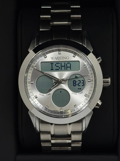 Silver digital watch with 'ISHA' branding on a dark background