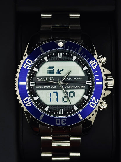 Digital watch with blue bezel and silver accents on a black background