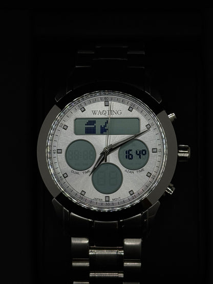 Digital wristwatch with a black strap on a dark background