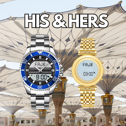 Two watches, one silver with blue face and one gold with digital display, against a decorative background.